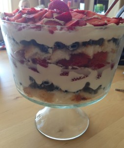 red, white, and blueberry trifle