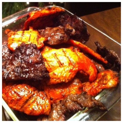 Lime marinated beef and chicken fajitas